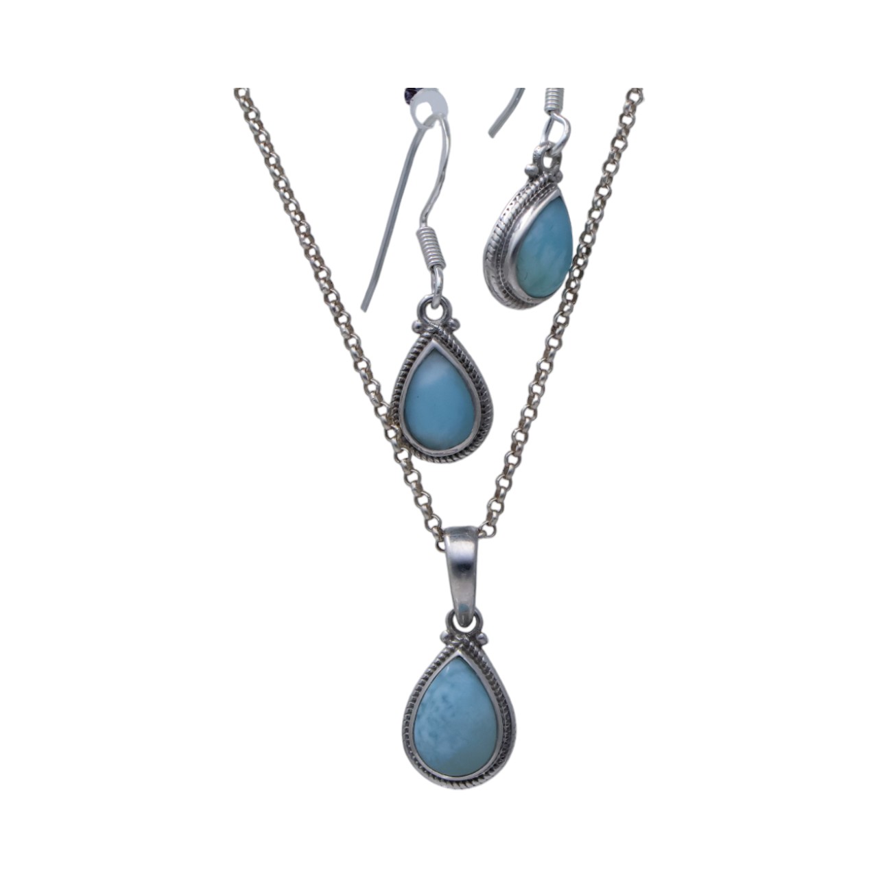 Stunning Sterling Silver Larimar Tear Drop Jewelry Set: Pendant and Earrings for Effortless Elegance - Image 3