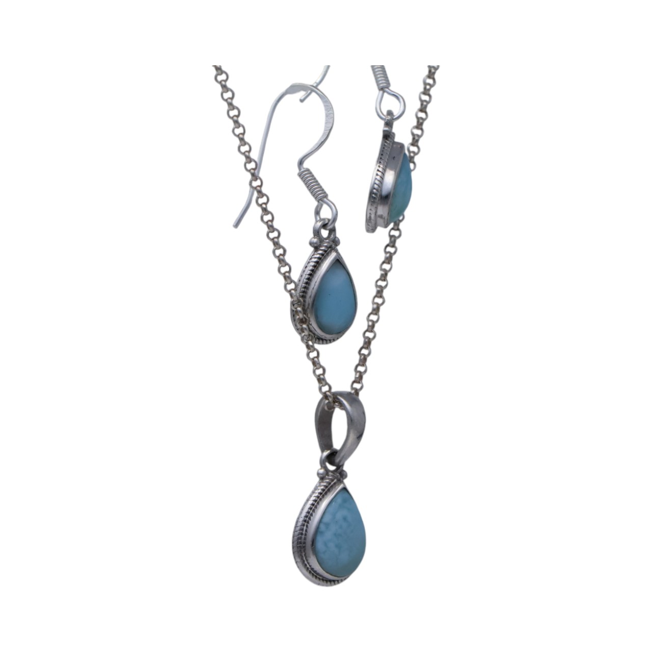 Stunning Sterling Silver Larimar Tear Drop Jewelry Set: Pendant and Earrings for Effortless Elegance - Image 5