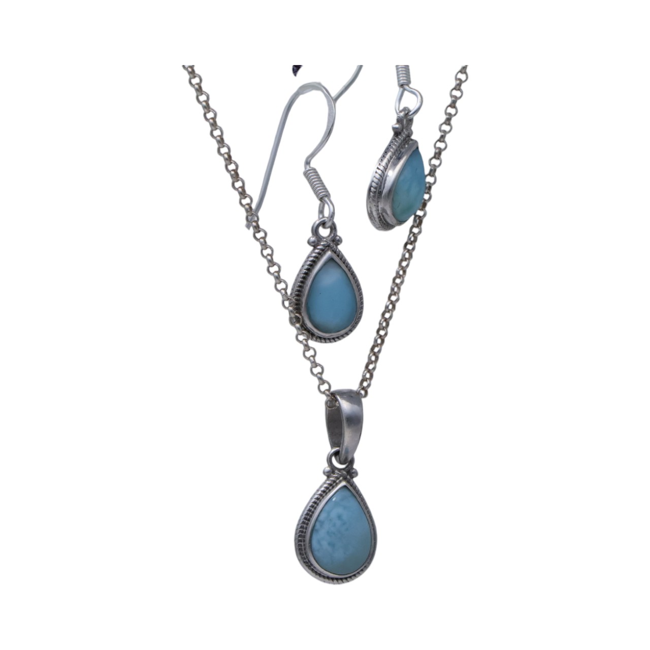 Stunning Sterling Silver Larimar Tear Drop Jewelry Set: Pendant and Earrings for Effortless Elegance - Image 4