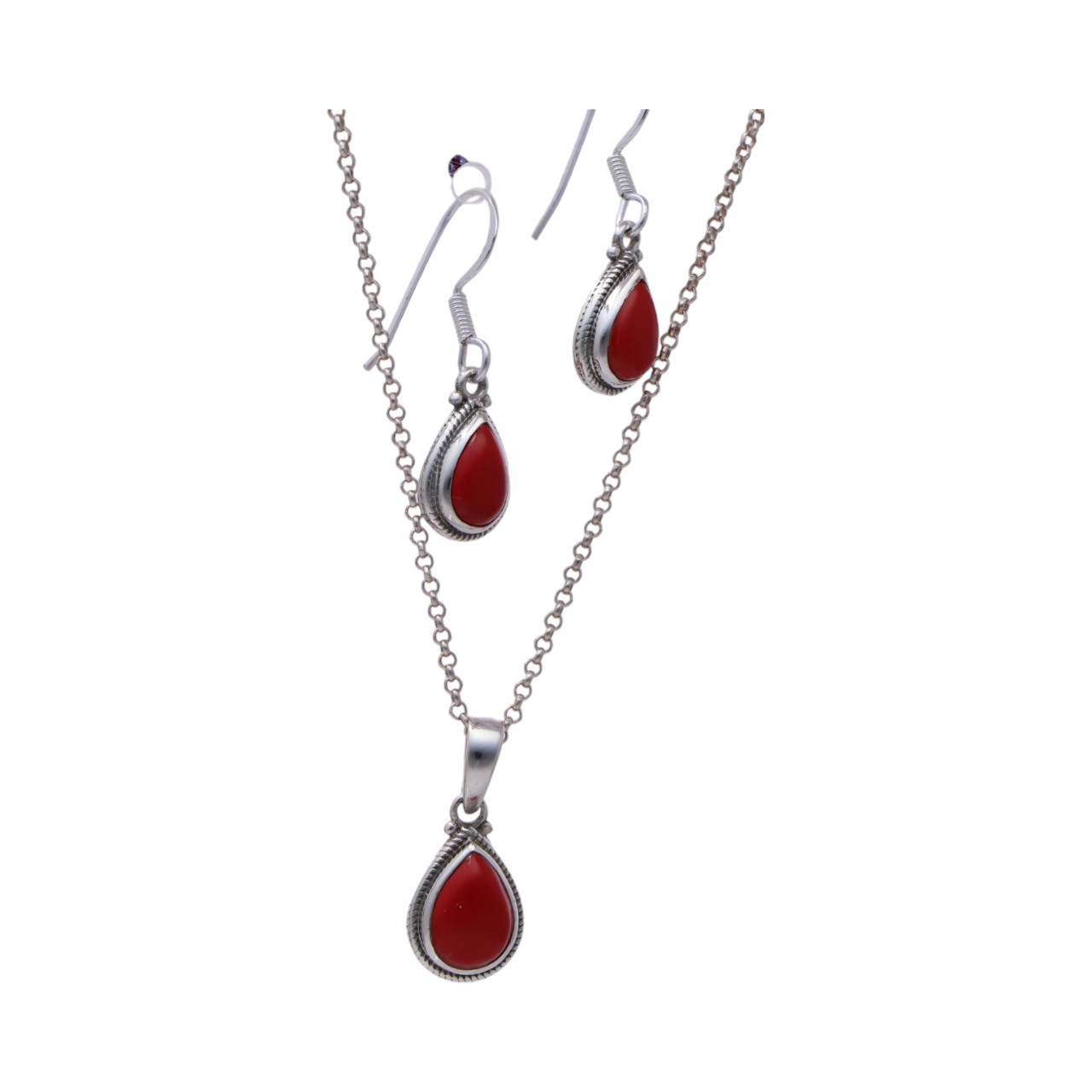 Stunning Tear drop Silver Red Coral Pendant & Earrings Set | Handcrafted Beauty and Elegance - Image 3