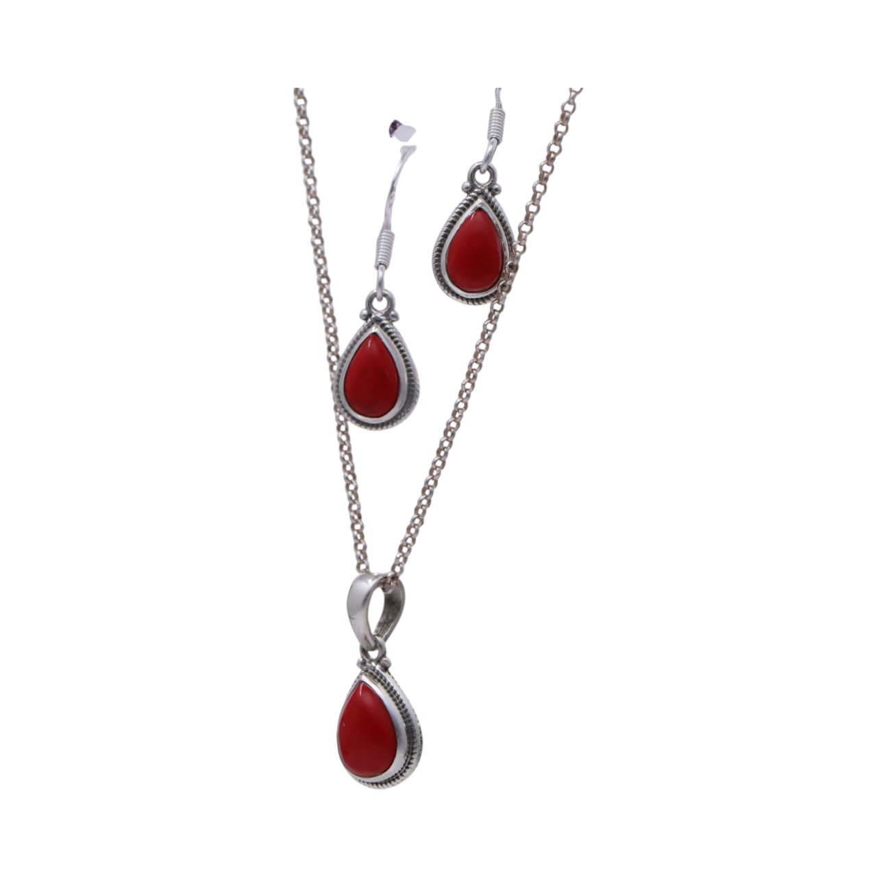 Stunning Tear drop Silver Red Coral Pendant & Earrings Set | Handcrafted Beauty and Elegance - Image 2