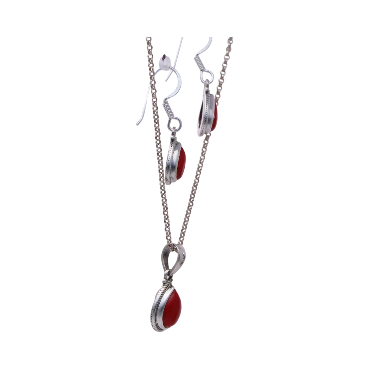 Stunning Tear drop Silver Red Coral Pendant & Earrings Set | Handcrafted Beauty and Elegance - Image 4