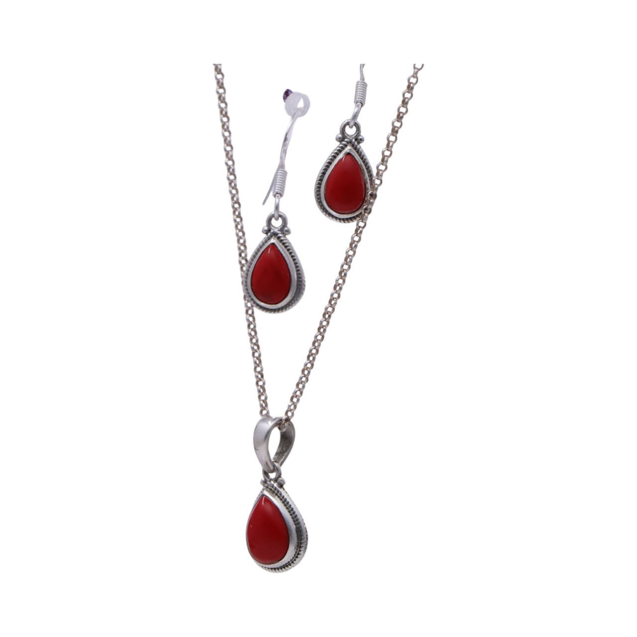 Stunning Tear drop Silver Red Coral Pendant & Earrings Set | Handcrafted Beauty and Elegance - Image 5