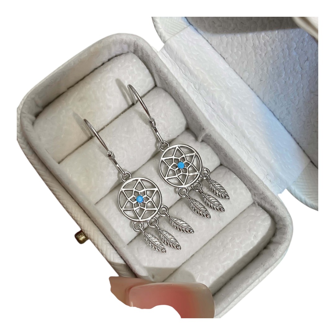 Blue Stone Dreamcatcher Earrings – White Gold Plated Sterling Silver Dangle Jewelry for Women - Image 3