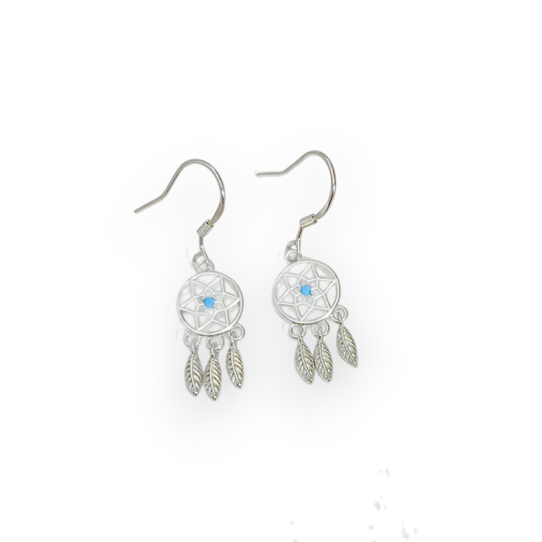 Blue Stone Dreamcatcher Earrings – White Gold Plated Sterling Silver Dangle Jewelry for Women - Image 4