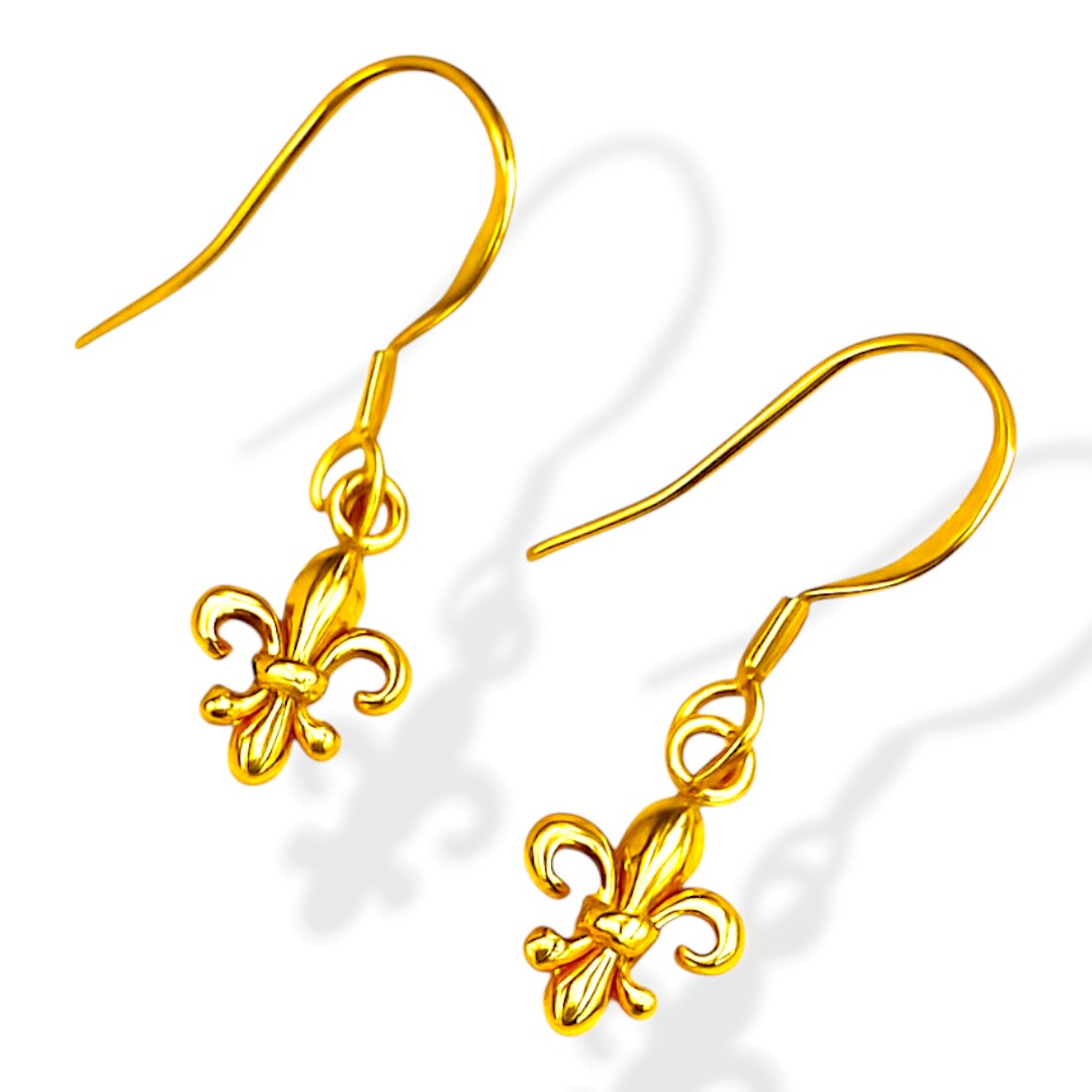 Fleur de Lys 18K Gold Plated Hanging Sterling Silver Earrings – Elegant Women’s Dangle Jewelry Gift, Trendy Gold Earrings - Image 2