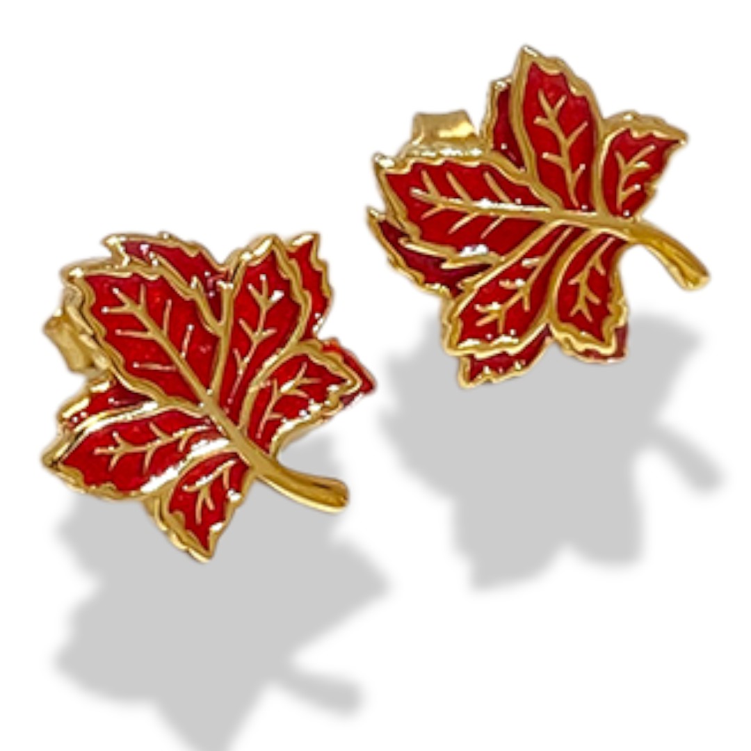18K Gold Plated Red Maple Leaf Stud Earrings – Sterling Silver Enamel Jewelry for Women - Image 3