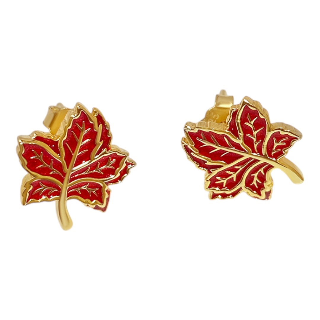 18K Gold Plated Red Maple Leaf Stud Earrings – Sterling Silver Enamel Jewelry for Women - Image 4