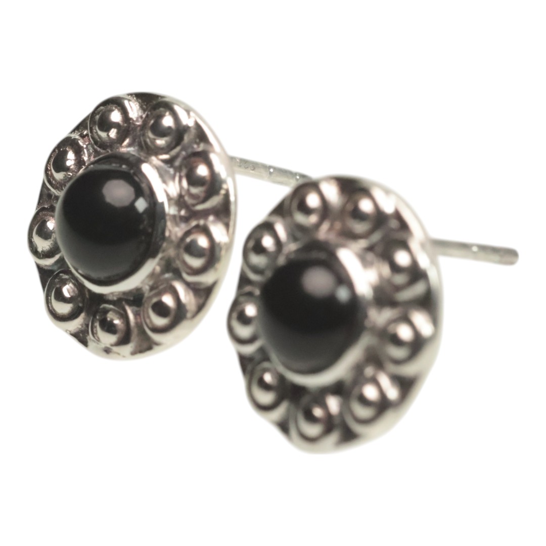 Elegant Sunflower 92.5 Sterling Silver Black Onyx Stud Earrings - Unique Floral Jewelry - Image 2