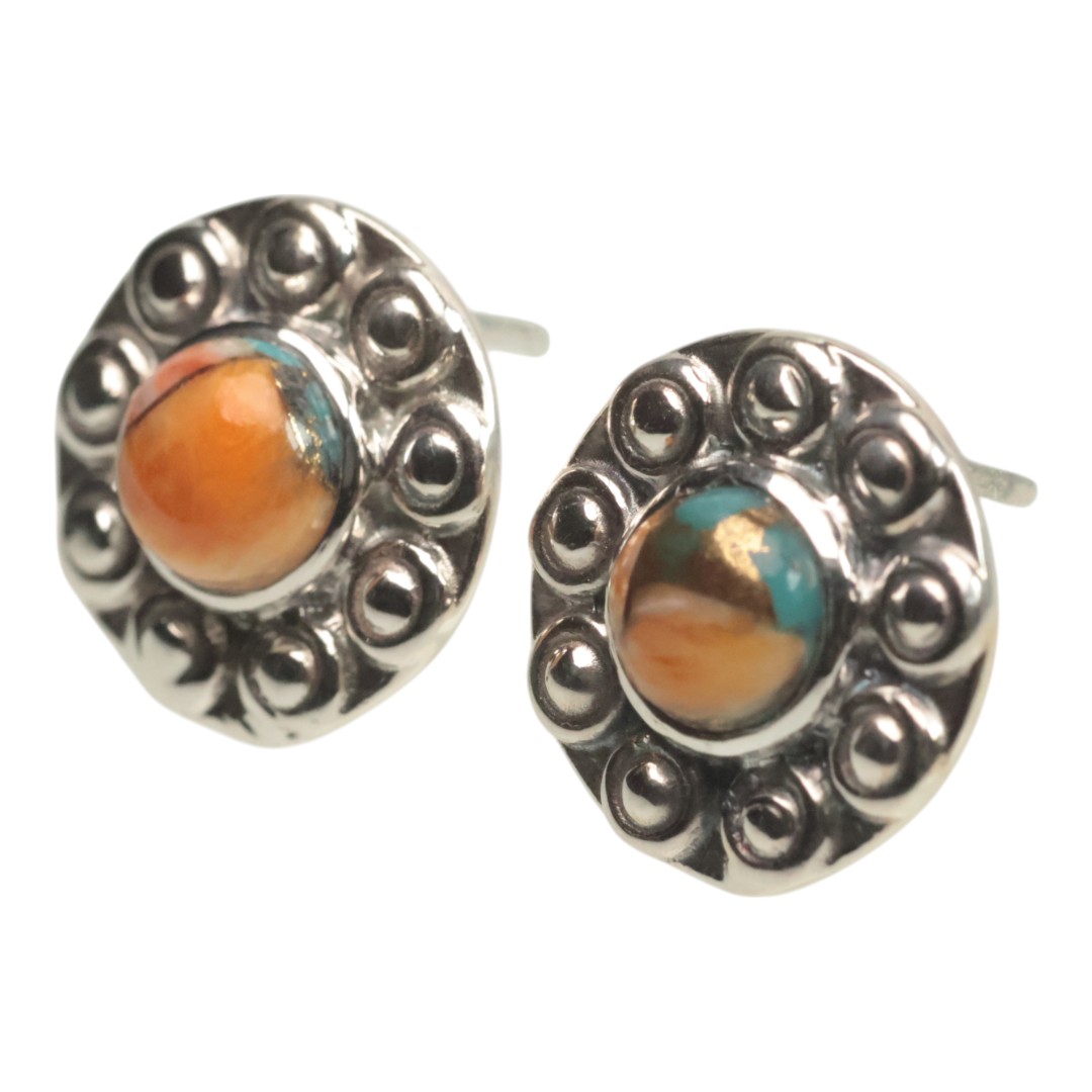 Sunflower Shape Spiny Oyster Turquoise Stud Earrings - 92.5 Sterling Silver Handmade Jewelry - Image 2