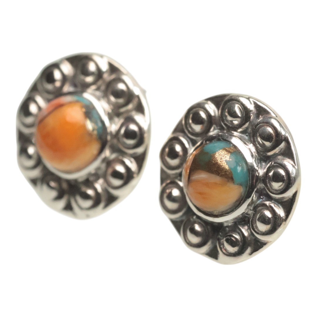 Sunflower Shape Spiny Oyster Turquoise Stud Earrings - 92.5 Sterling Silver Handmade Jewelry - Image 3