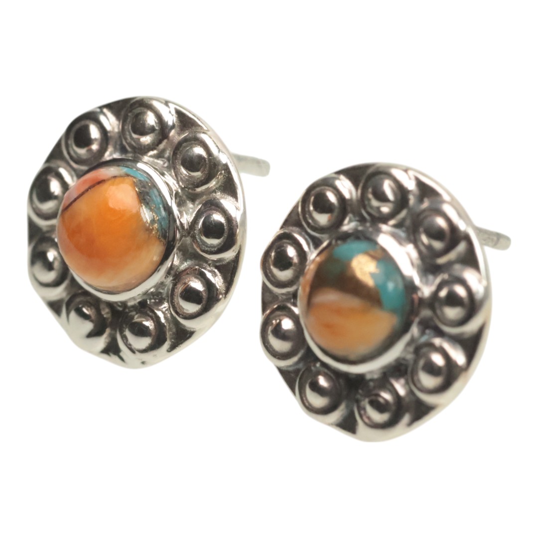 Sunflower Shape Spiny Oyster Turquoise Stud Earrings - 92.5 Sterling Silver Handmade Jewelry - Image 4