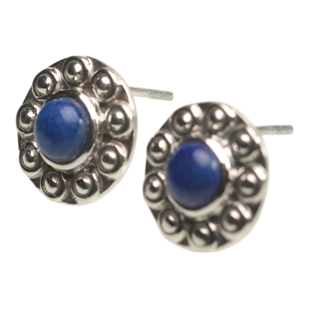 Handmade Sunflower Shape Lapis Lazuli Stud Earrings | 92.5 Sterling Silver Jewelry - Image 2