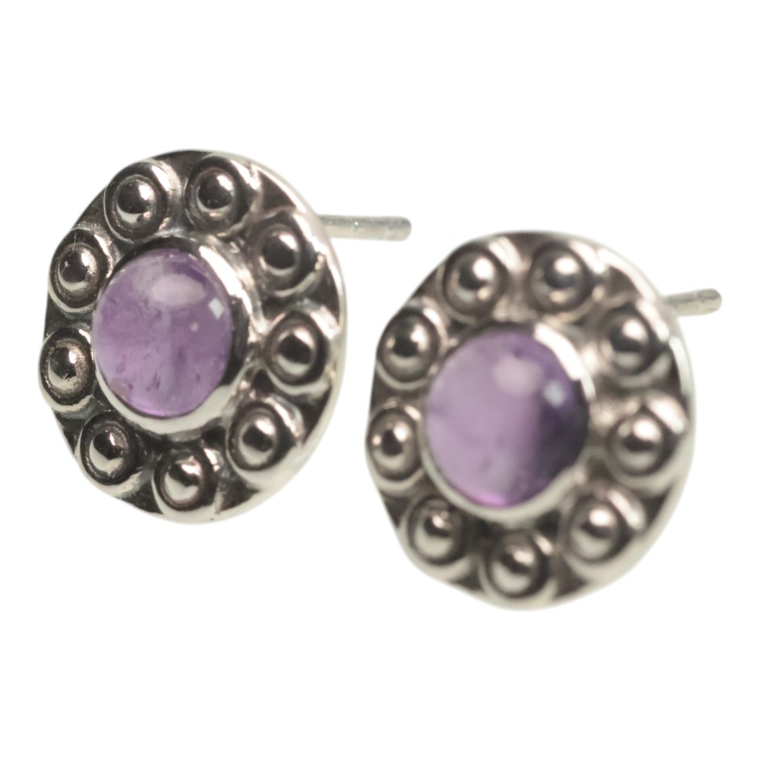 Handmade Sunflower Amethyst Stud Earrings in 925 Sterling Silver | Unique Artisan Jewelry - Image 2